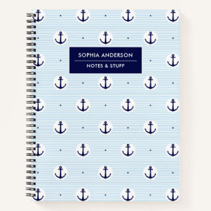 Cuaderno Anclas y rayas azules modernas con nombre personal