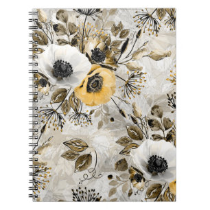 Cuaderno Anemones blancos, amarillos sobre fondo gris-marr