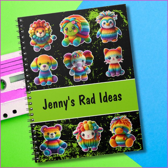 Cuaderno Animales arcoiris brillan con acentos verdes retro (Bright 1980s notebook with custom text for a name or title includes cute rainbow animals!)