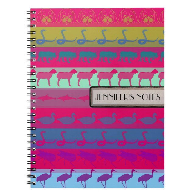 Cuaderno Animales Coloridos Retro Patrón de Rayas Modernas  (Frente)