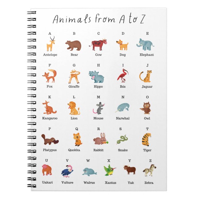 Cuaderno Animales del aprendizaje escolar de A a Z (Frente)