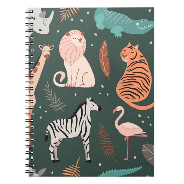 Cuaderno Animales Exóticos: Patrón oscuro tropical para niñ (Frente)