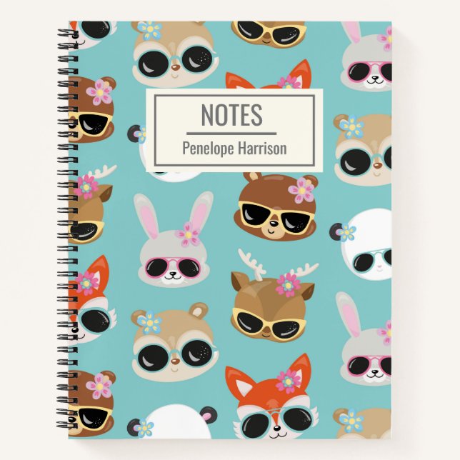 Cuaderno Animales Kawaii Lentes de Sol Azules Personalizado (Anverso)