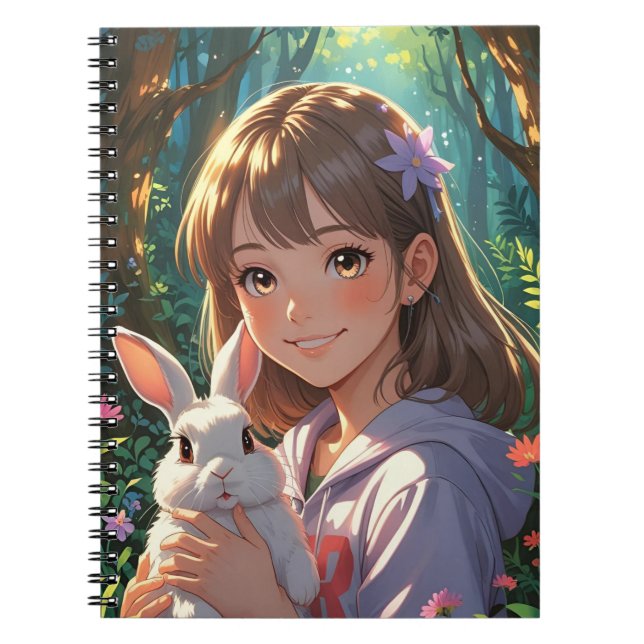 Cuaderno Anime Chica con cinta de flores y su conejito (Frente)