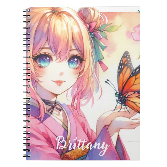 Cuaderno Anime Chica sostiene una mariposa personalizada (Frente)