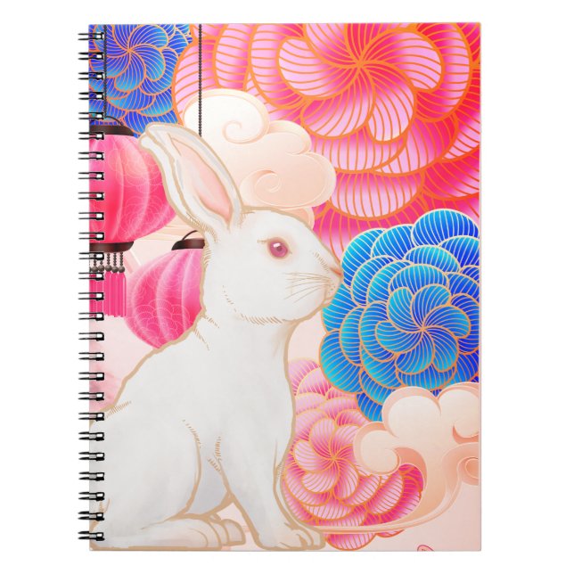 Cuaderno Año de Lujo del Conejo sobre Flores de Oro y Rosa (Frente)