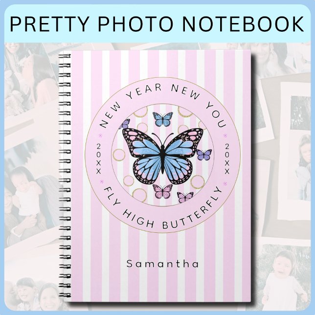 Cuaderno Año Nuevo Nuevo You Mariposa Nombre Personalizado  (New Year New You Pretty Pink and White Candy Striped Photo Notebook for all your precious memories!)