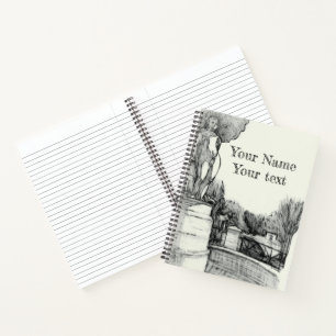 Cuaderno Antigua fuente en el parque con el niño de la escu