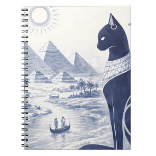 Cuaderno Antiguo gato egipcio Bastet y pirámides azul 