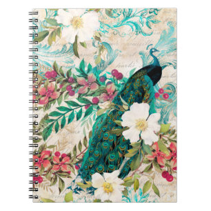 Cuaderno Antiguo Grunge de Pavo Real y Flores Ilustradas