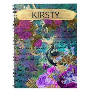 Cuaderno Antiguo Grunge de Pavo Real y Flores Ilustradas
