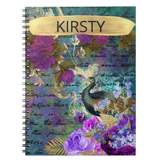 Cuaderno Antiguo Grunge de Pavo Real y Flores Ilustradas (Frente)