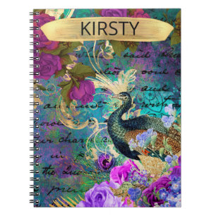 Cuaderno Antiguo Grunge Ilustrado de Pavo Real y Flores