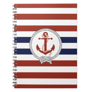 Cuaderno Anuncio rojo náutico/nudo marino/franja azul/blanc