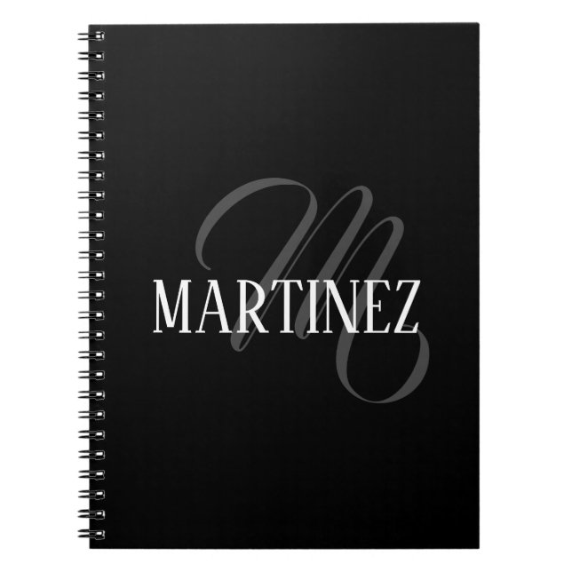 Cuaderno Apellido personalizado elegante negro | Nombre (Frente)