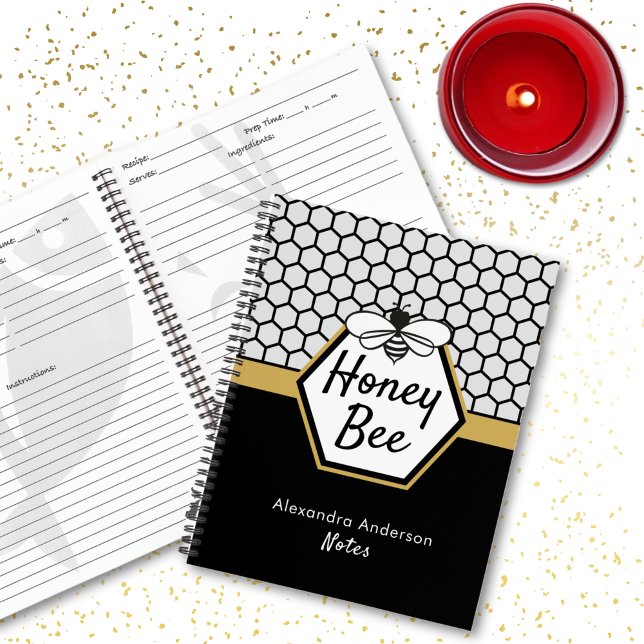 Cuaderno Apiario de miel de abeja de miel de abeja negra (Feminine Honey Bee Apiary Honeycomb Black Yellow Notebook)