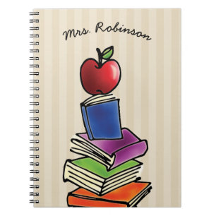 Cuaderno Apple con nombre de profesor de pila de libros