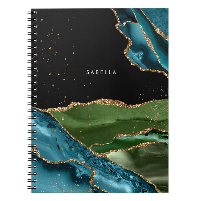 Cuaderno Aqua/Agate verde personalizado con venas Purpurina (Frente)