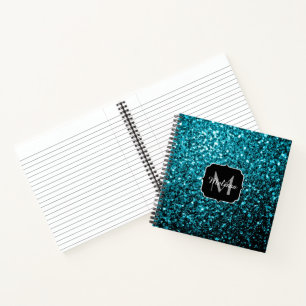 Cuaderno Aqua azul brillante purpurina chispas Monograma