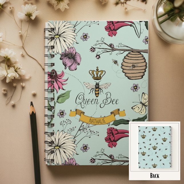 Cuaderno Aqua, Black & Gold Queen Bee, Crown & Scroll (Chic Queen Bee Custom Notebook
Front: Personalized Name or Message
Back: Fun Queen Bee & Crown Print)
