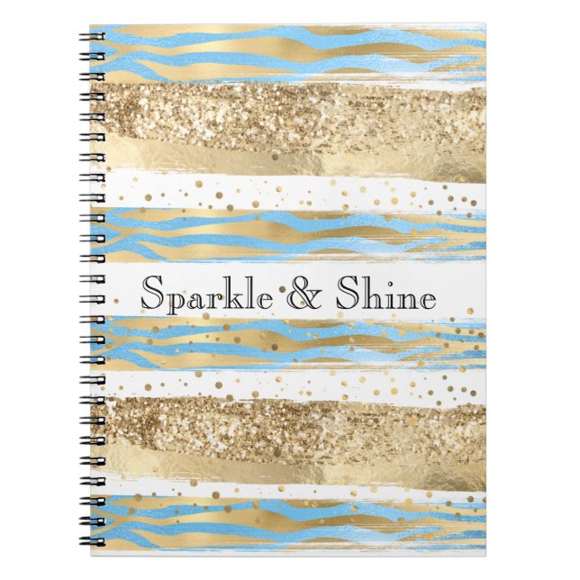 Cuaderno Aqua Blue Gold Purpurina Confetti Zebra Animal (Frente)