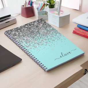 Cuaderno Aqua Blue Teal Silver Glitter Monogram
