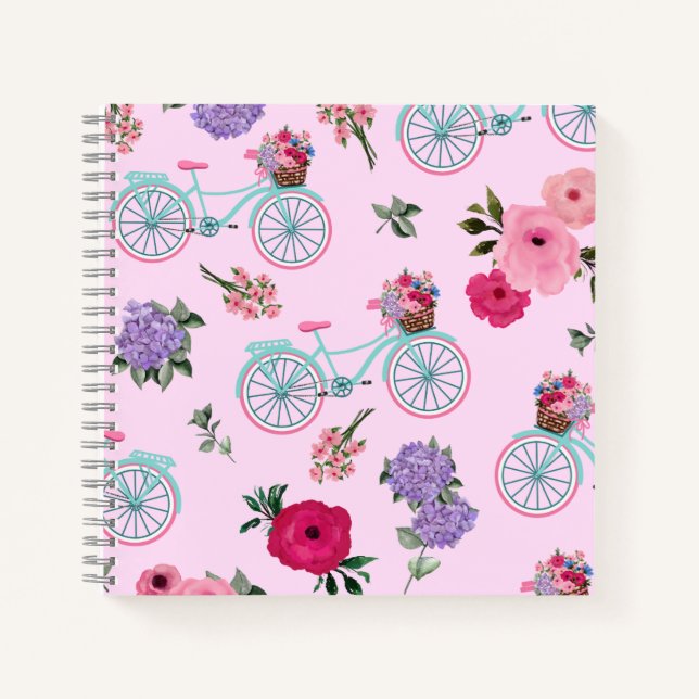 Cuaderno Aqua de moda antigua y bicicleta rosa con flores (Anverso)