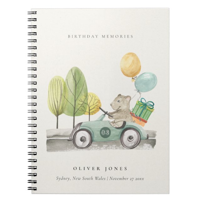 Cuaderno Aqua Green Any Age Birthday Party Teddy Car (Frente)