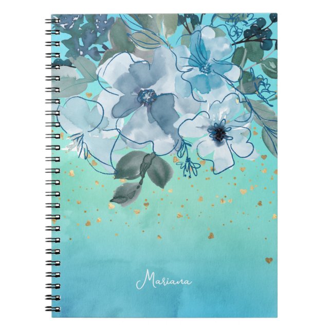Cuaderno Aqua suave azul turquesa acuarela Flora de agua (Frente)
