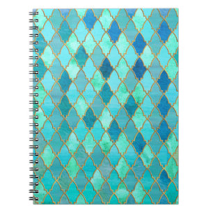 Cuaderno Aqua Verde azulada Mint Gold Patrón oriental de mo