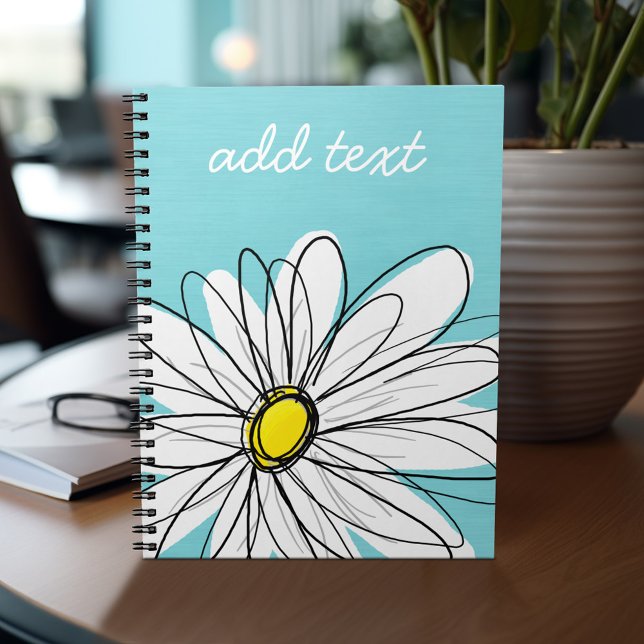 Cuaderno Aqua y Yellow Whimsical Daisy Personalizado Textos (Personalized notebook - add name and custom text)