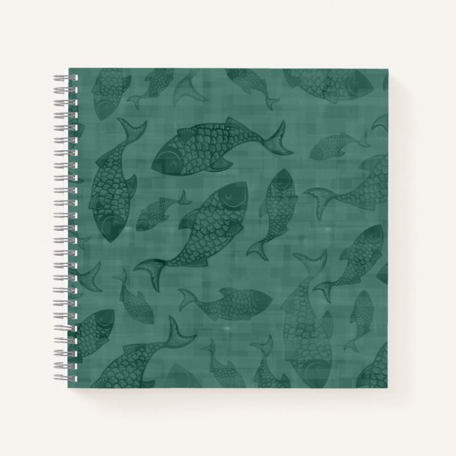 Cuaderno Aquatic Fish Stencil Art Teal Bokeh Pattern (Anverso)