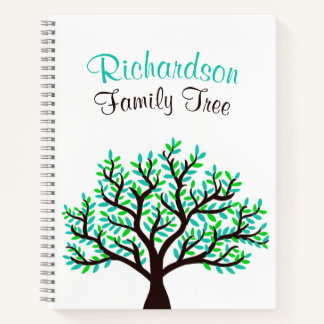 Cuaderno Árbol de familia de hojas verdes de primavera turq