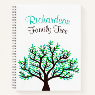 Cuaderno Árbol de familia de hojas verdes turquesa primave