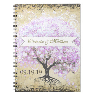 Cuaderno Árbol de lavanda de hoja de corazón boda de pájaro