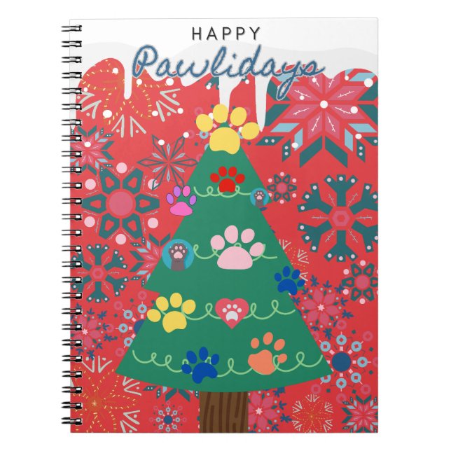 Cuaderno Árbol de Navidad rojo con adornos de patas (Frente)