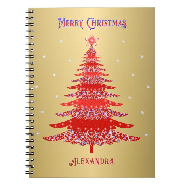 Cuaderno Árbol de Navidad Rojo moderno Snowflakes Name Gold (Frente)