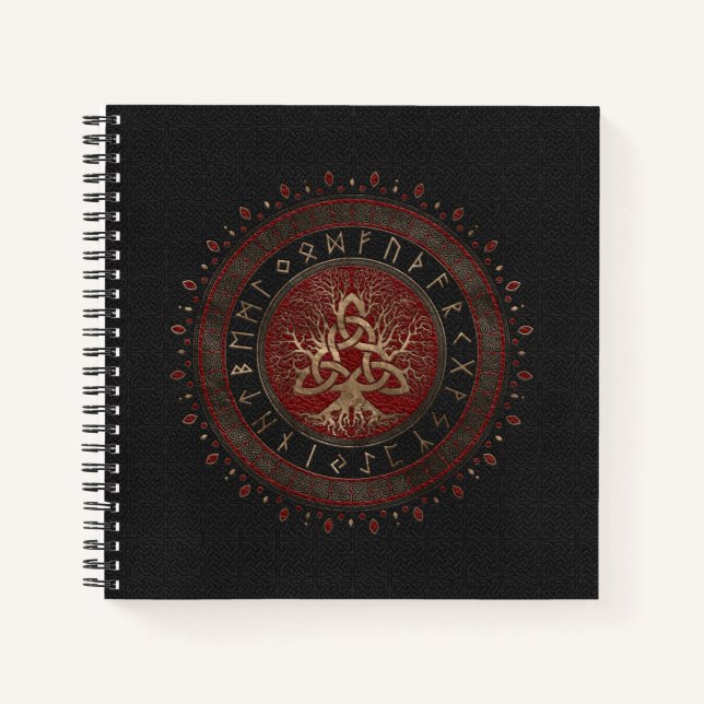 Cuaderno Árbol de vida con cuero rojo negro Triquetra (Anverso)