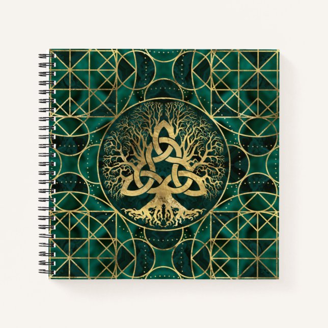 Cuaderno Árbol de vida con triquetra malachita y oro (Anverso)
