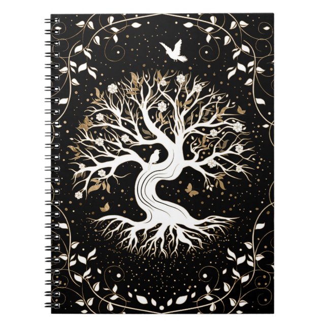 Cuaderno Árbol de vida - Yggdrasil - blanco negro y oro (Frente)