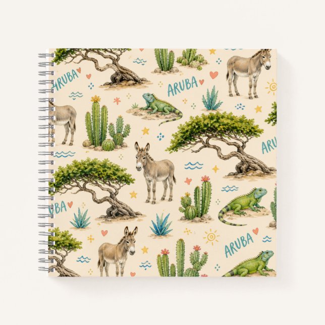 Cuaderno árbol divi de Aruba, burro, iguana, cactus (Anverso)
