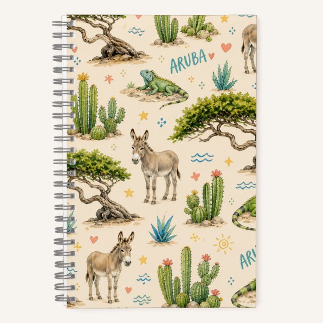 Cuaderno árbol divi de Aruba, burro, iguana, cactus (Anverso)