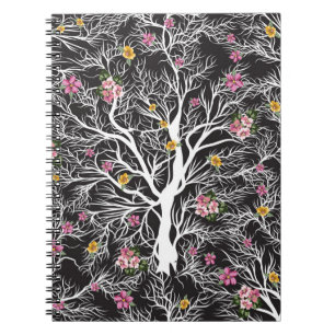 Cuaderno árbol negro transparente con un patrón de flores c