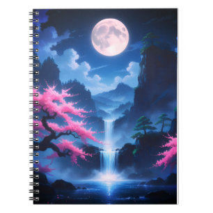 Cuaderno Árbol Sakora-Cascada iluminada por la luna con cer