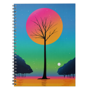 Cuaderno Árbol vívido bajo un cielo de arcoíris cósmico