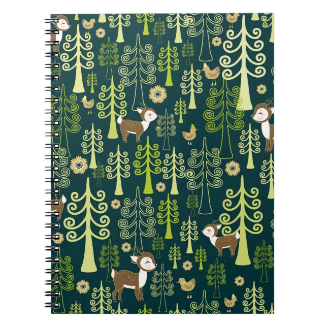 Cuaderno Árboles de abeto de cosecha, patrón de ciervo. (Frente)