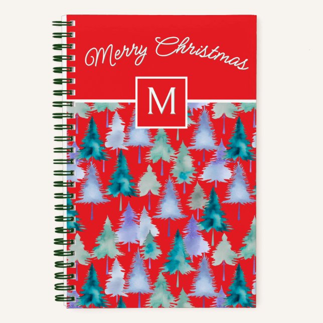 Cuaderno Árboles de Navidad Patrón Festivo Rojo Monogramado (Anverso)