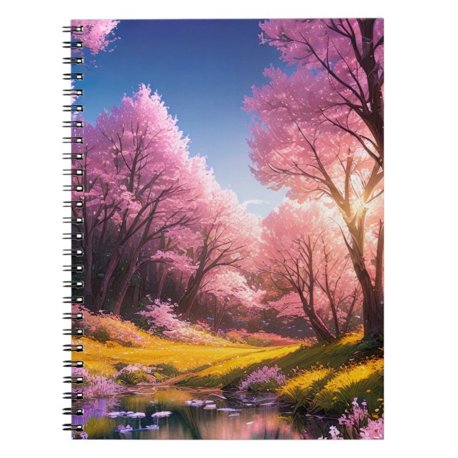 Cuaderno Árboles de Sakura y cálida puesta de sol (Frente)