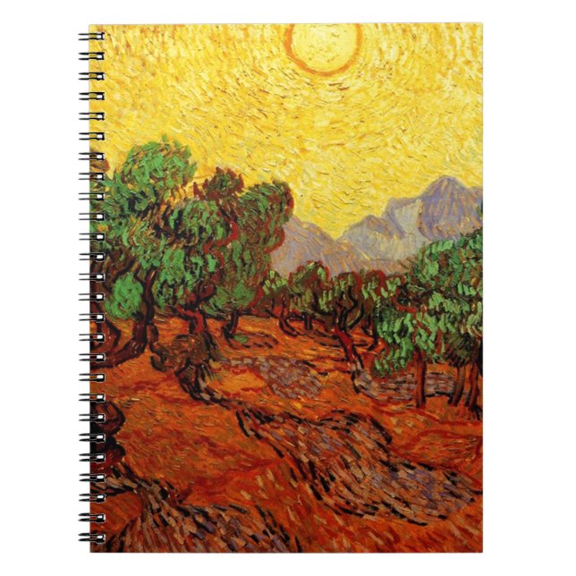 Cuaderno Árboles olivos con cielo amarillo y sol (Frente)