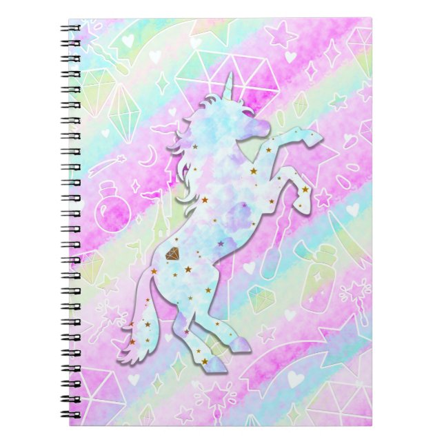 Cuaderno Arcoíris de Pastel Diamantes y Estrellas Unicornio (Frente)